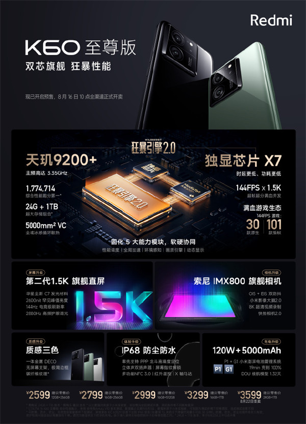 Redmi K60 至尊版4GB+1TB 超级内存组合款开售，定价 3599 元