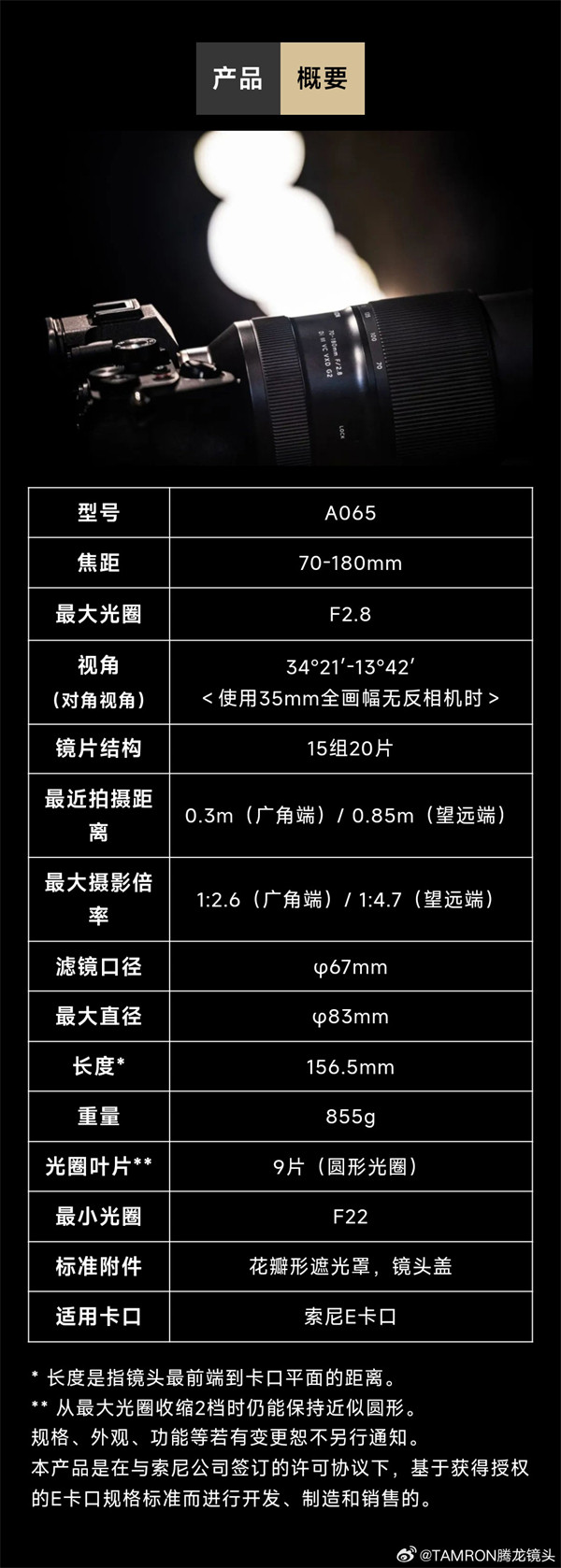 腾龙推出适用于索尼 E 卡口的 70-180mm F2.8 的大光圈长焦变焦镜头