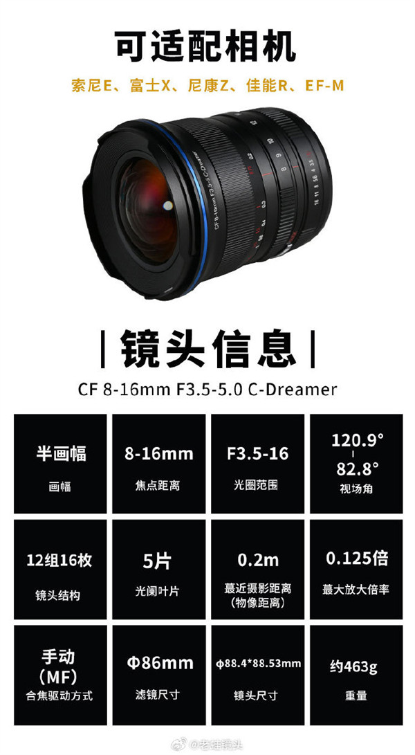 老蛙上新 CF 8-16mm F3.5-5.0 C-Dreamer 超广角变焦镜头，售价 3150 元