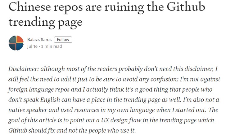 微软GitHub Trending趋势长期被国人“霸榜”，国外开发者打开即见中文