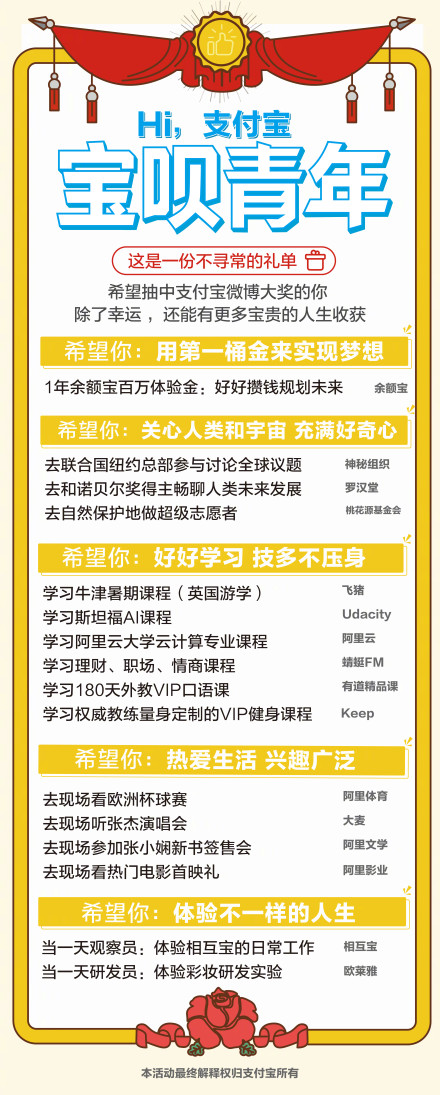 支付宝今晚抽宝呗青年大奖​ 享1年余额宝体验金