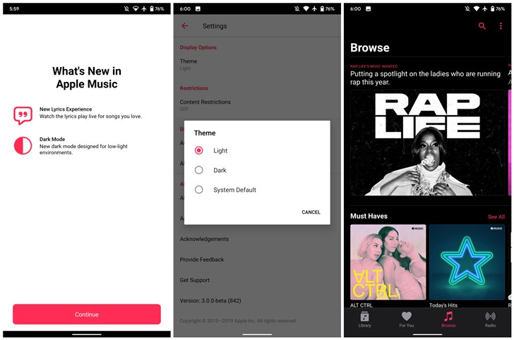 苹果Apple Music安卓测试版获更新，加入深色模式