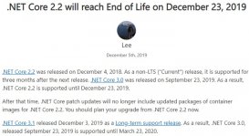 微软将中止支持 .NET Core 2.2，建议开发者升级至 .NET Core 3.1