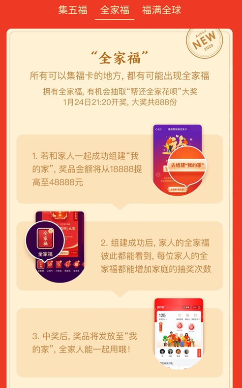 支付宝集五福活动开启：新增全家福，奖品金额最高48888元