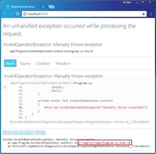 ASP.NET Core应用错误处理之DeveloperExceptionPageMiddleware中间件呈现“开发者异常页面”