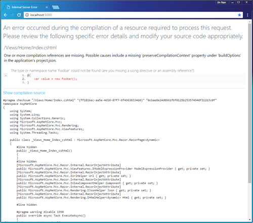 ASP.NET Core应用错误处理之DeveloperExceptionPageMiddleware中间件呈现“开发者异常页面”