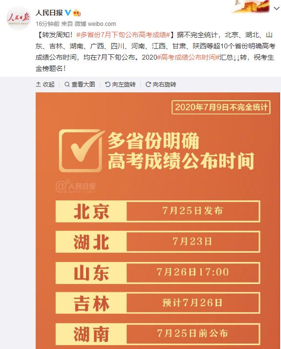 高考成绩什么时候出 2020高考各省份成绩查询公布时间