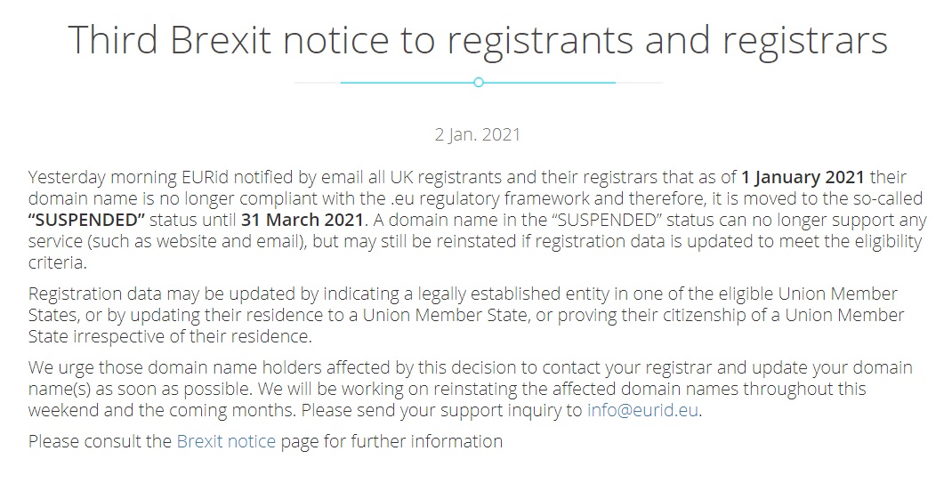 英国脱欧导致 .eu 域名使用权被剥夺，81000 个网站受影响