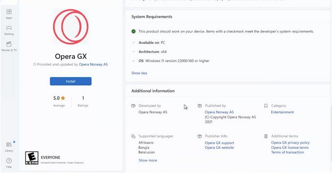 Opera GX 上架 Windows 应用商店