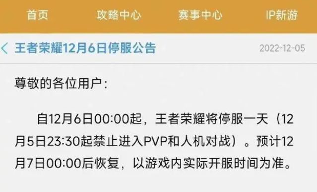 王者荣耀12月6日停服一天怎么办 王者荣耀12月6日停服一天怎么回事